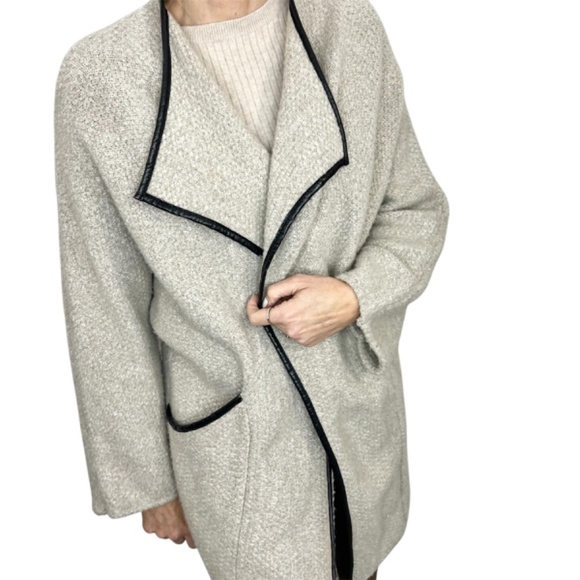 Zara beige wool blend leather trim oversized open front knit cardigan coat S - Picture 2 of 12